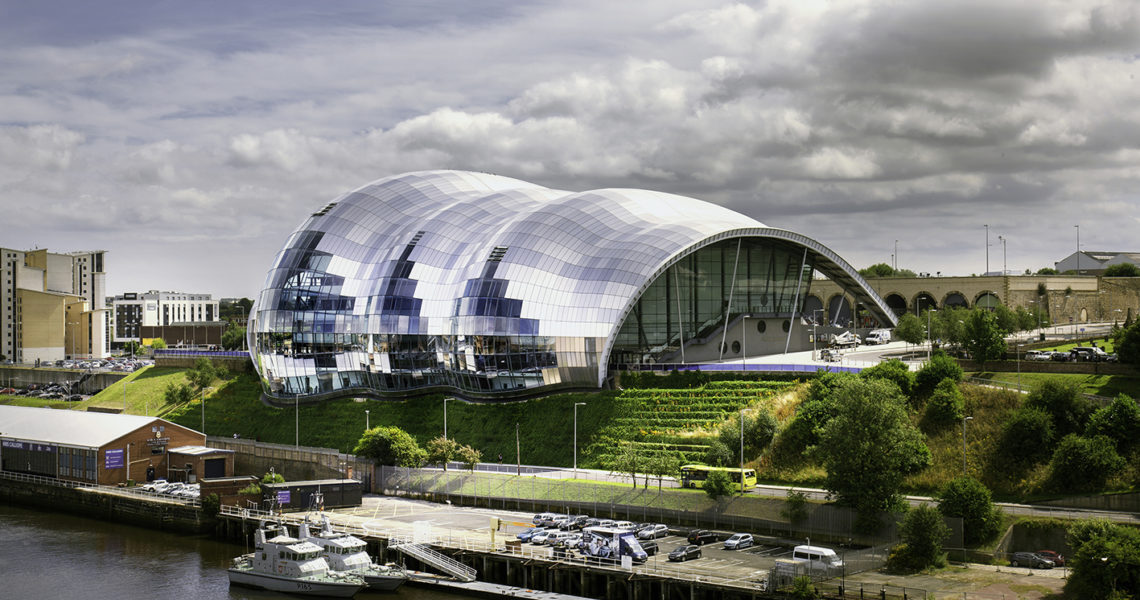 Full exterior view of The Glasshouse International Centre for Music on Gateshead Quays