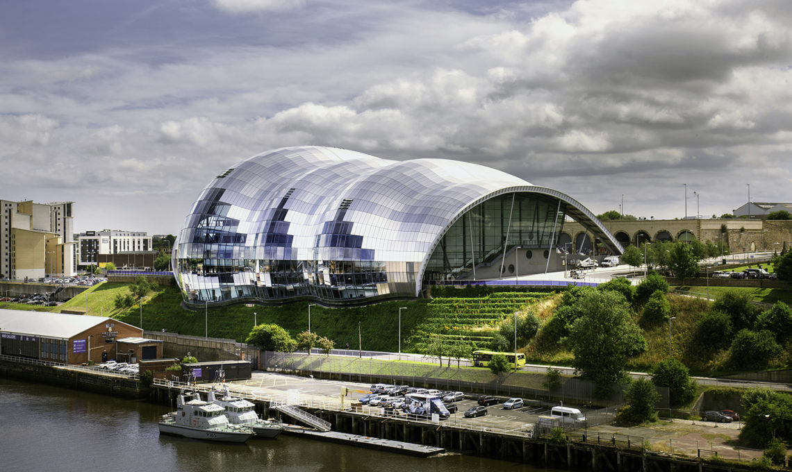 Full exterior view of The Glasshouse International Centre for Music on Gateshead Quays